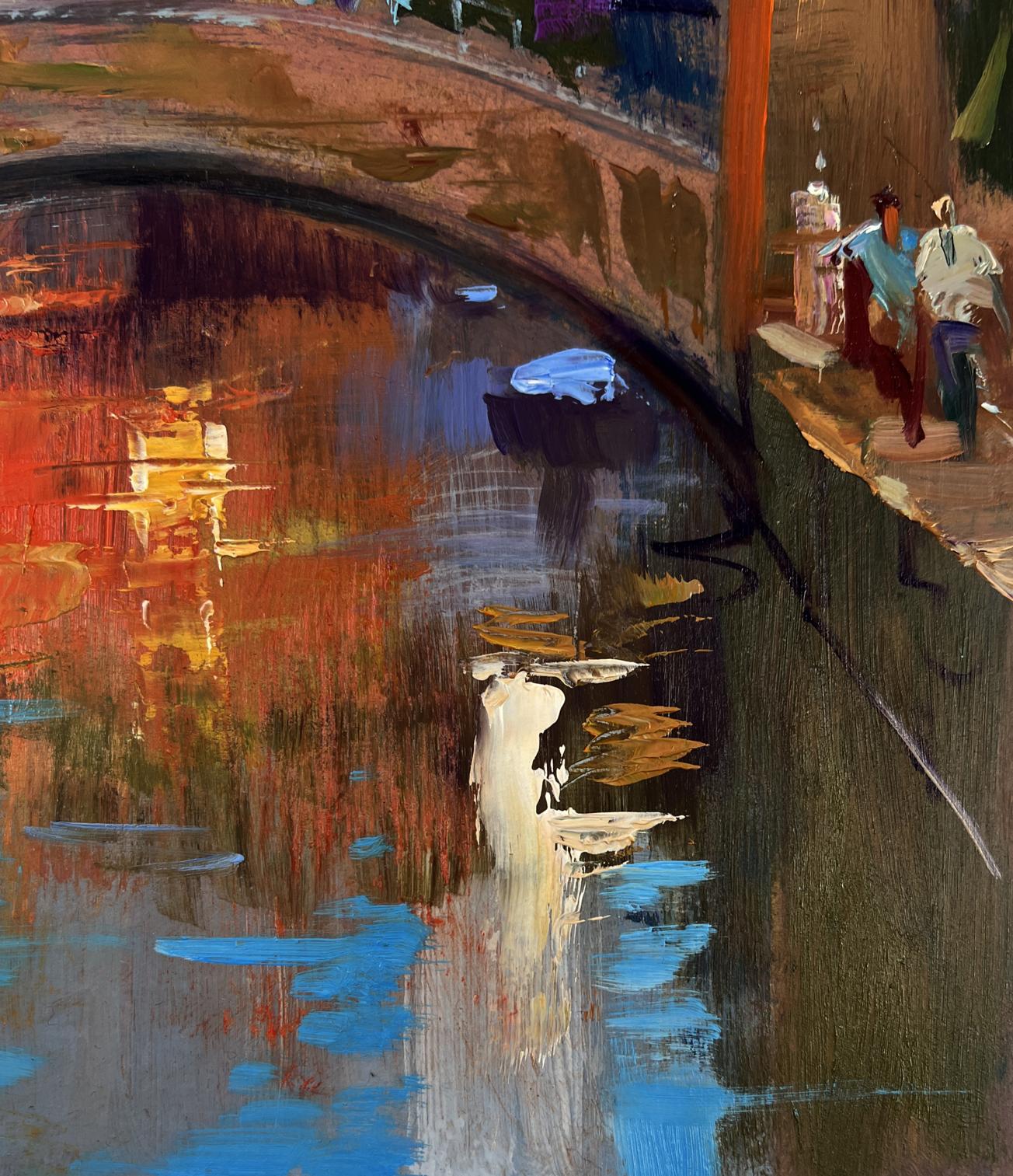 Vibrant impressionistic oil painting of Yuriy Suprunchuk bridge over city canal