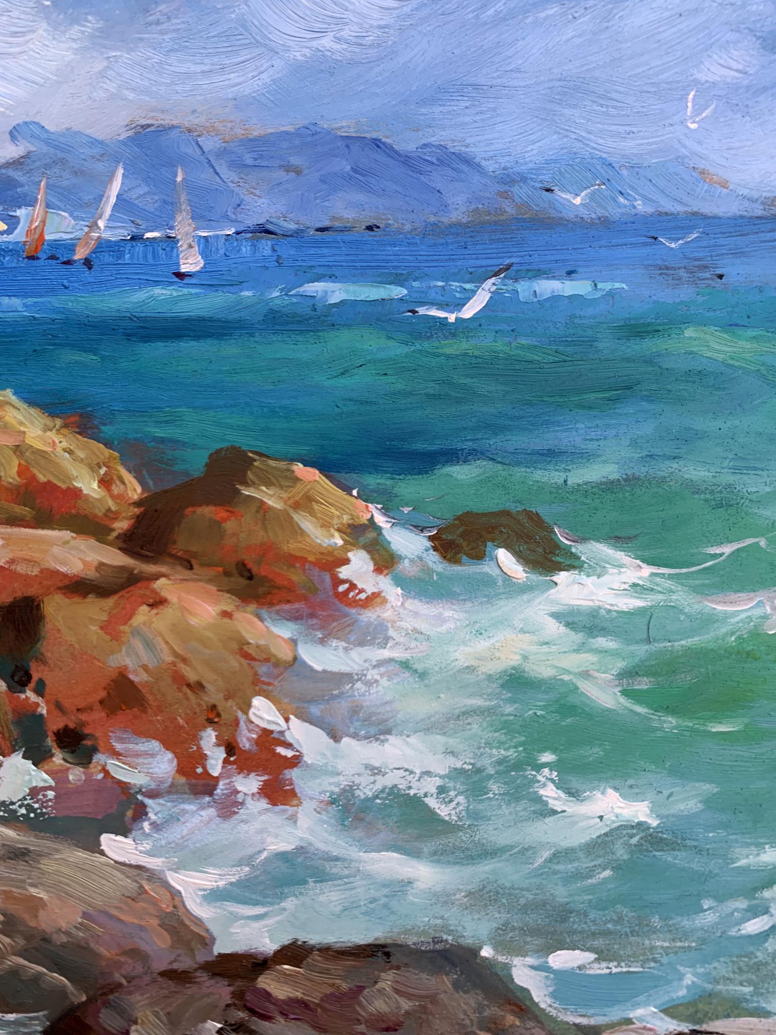 Oil painting by Yuriy Suprunchuk: turquoise waves crashing on rocky shores