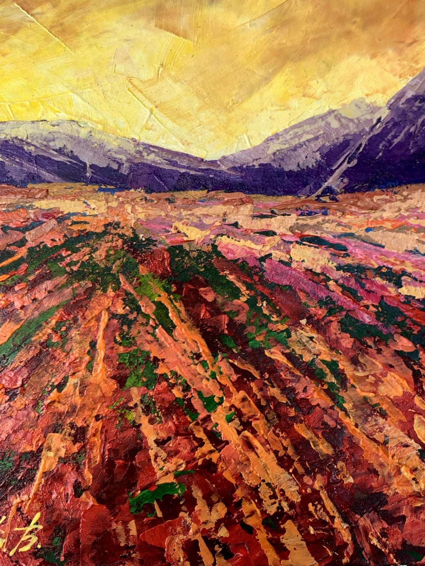 Vibrant oil painting of mountain sunset by V. Zadorozhnya