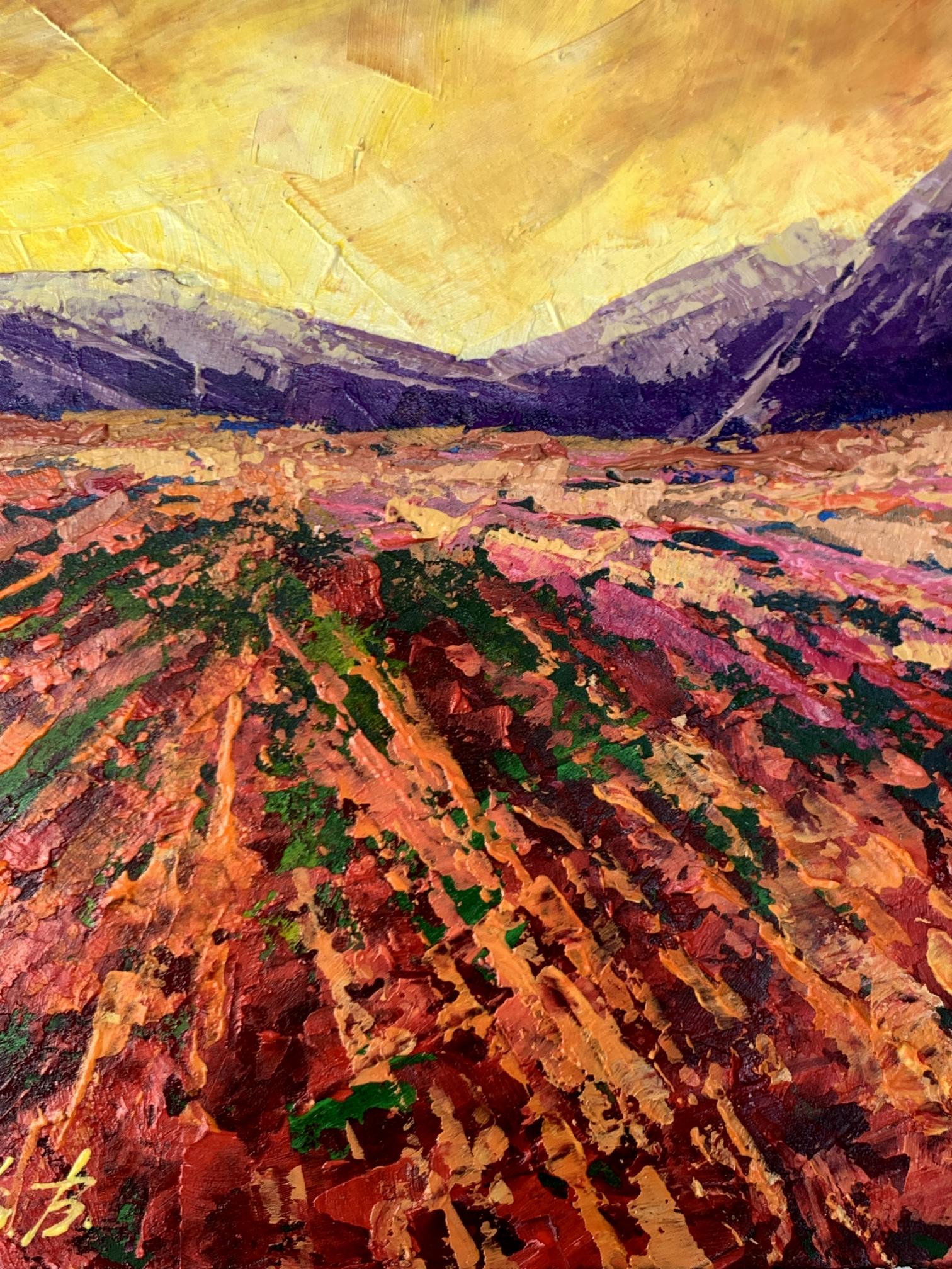 Vibrant oil painting of mountain sunset by V. Zadorozhnya