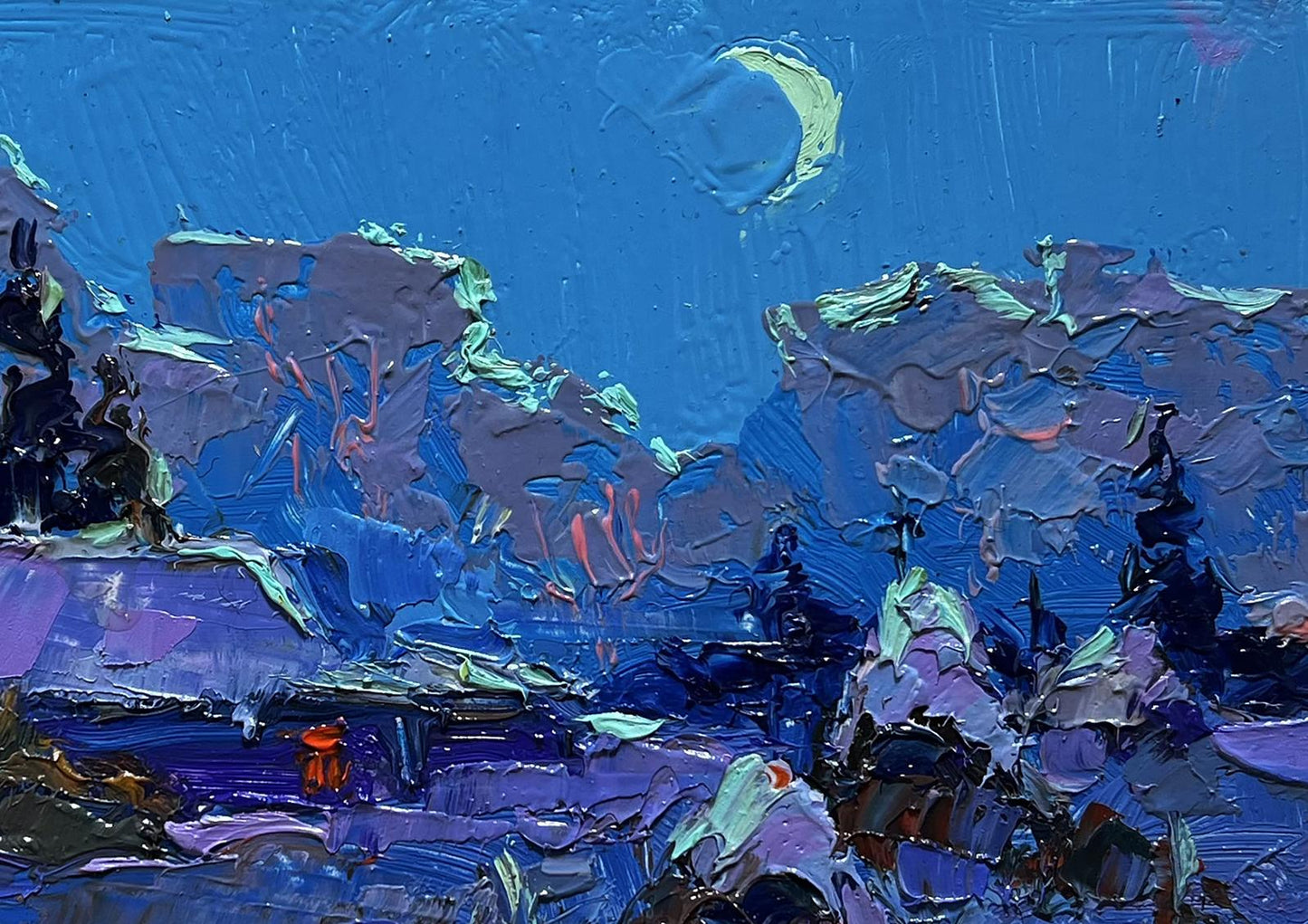 Moonlit winter night oil painting by Oksana Ivanyuk, vibrant blue purple impressionist landscape