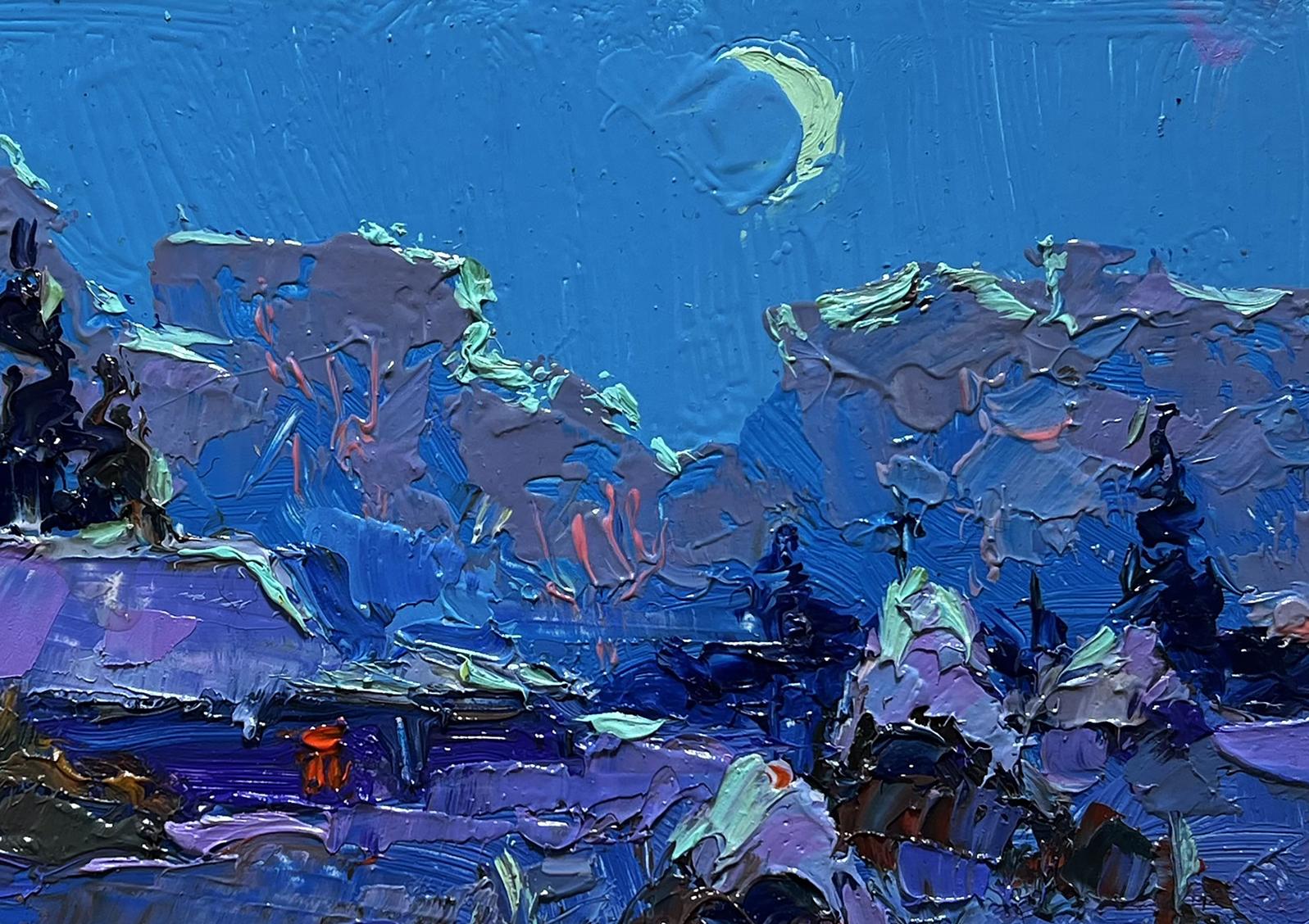 Moonlit winter night oil painting by Oksana Ivanyuk, vibrant blue purple impressionist landscape