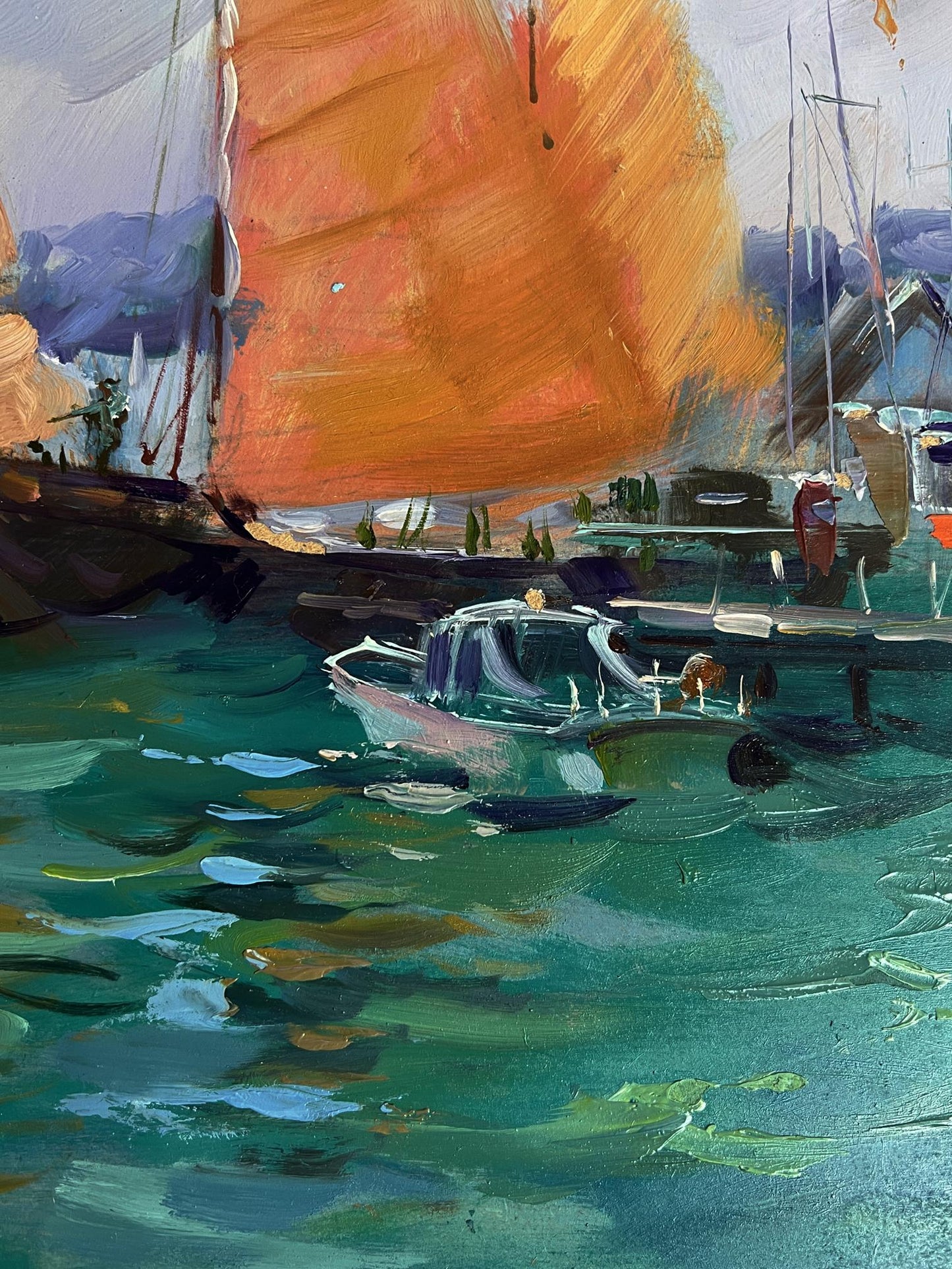 Vibrant orange sailboat with white hull in Yuriy Suprunchuk oil painting of sea ships at pier