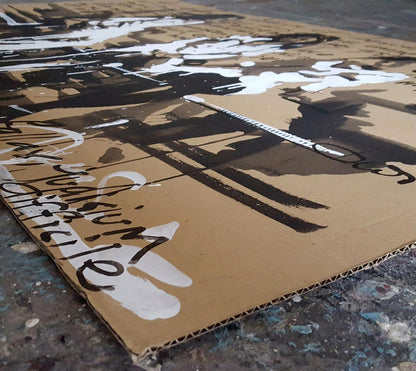 Back of Acrylic painting Hippocratic Oath Dima Filatov: brown cardboard with bold graffiti lettering