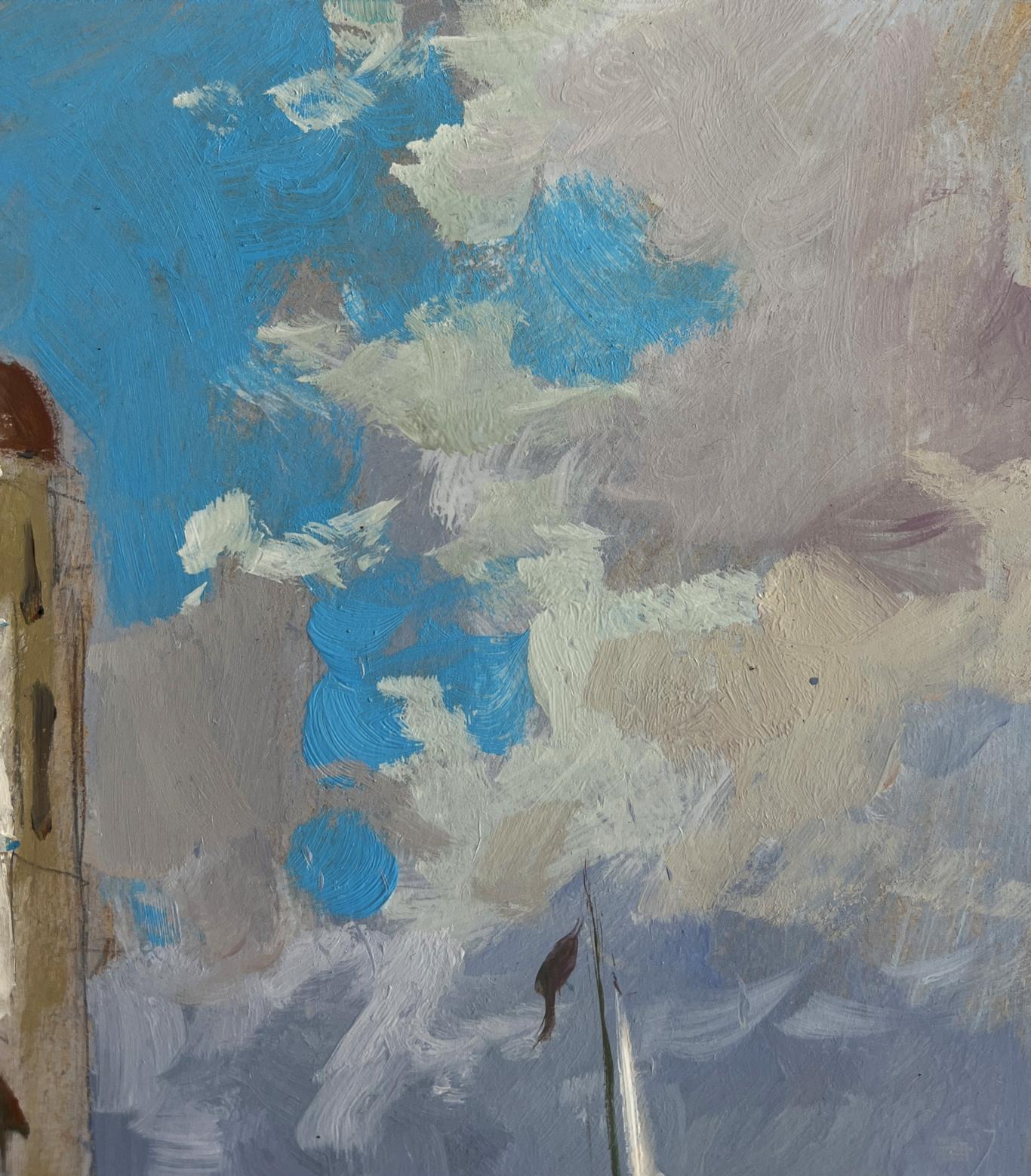 Oil painting of city on water with white sails by Yuriy Suprunchuk and paintbrush