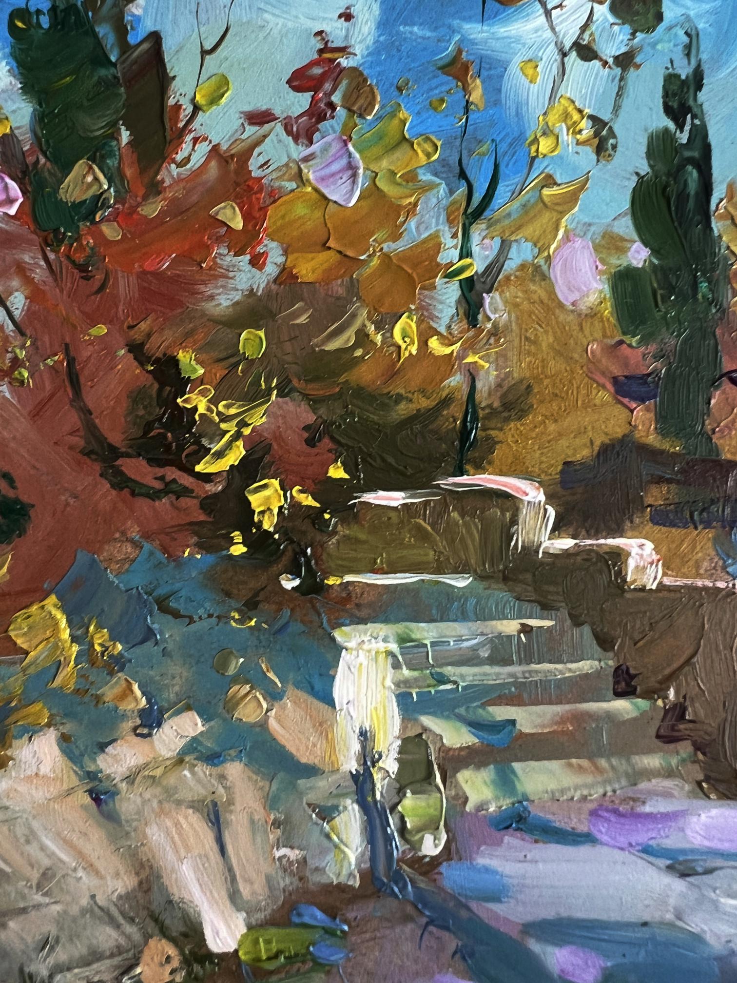 Vibrant impressionist oil painting of autumn leaves, waterfall and village street by Yuriy Suprunchuk