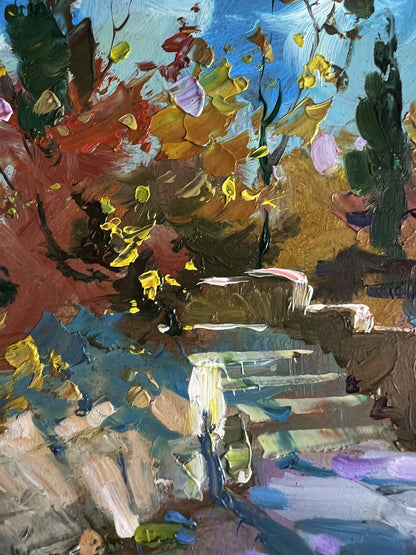 Vibrant impressionist oil painting of autumn leaves, waterfall and village street by Yuriy Suprunchuk