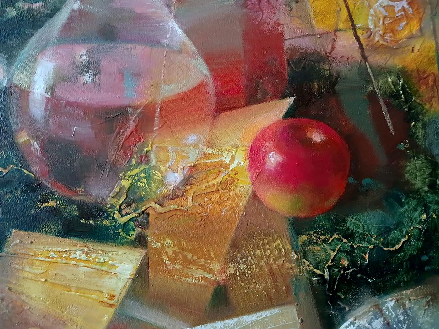 Glossy red apple in Anatoly Tarabanov Golden day abstract oil painting