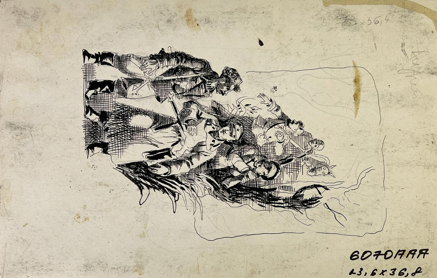 Black ink sketch of thunderstorm beginning by Oleg Litvinov on aged paper