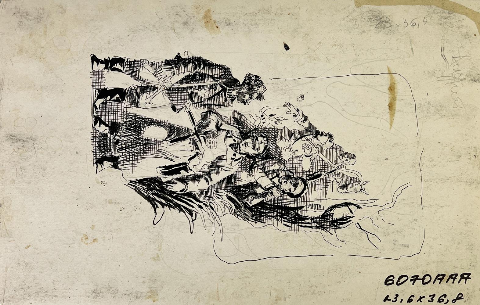 Black ink sketch of thunderstorm beginning by Oleg Litvinov on aged paper