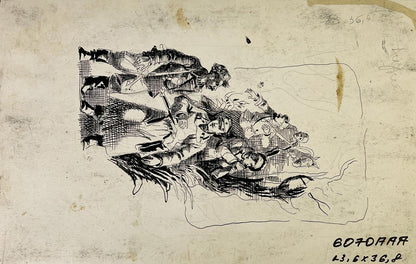 Black ink sketch of thunderstorm beginning by Oleg Litvinov on aged paper