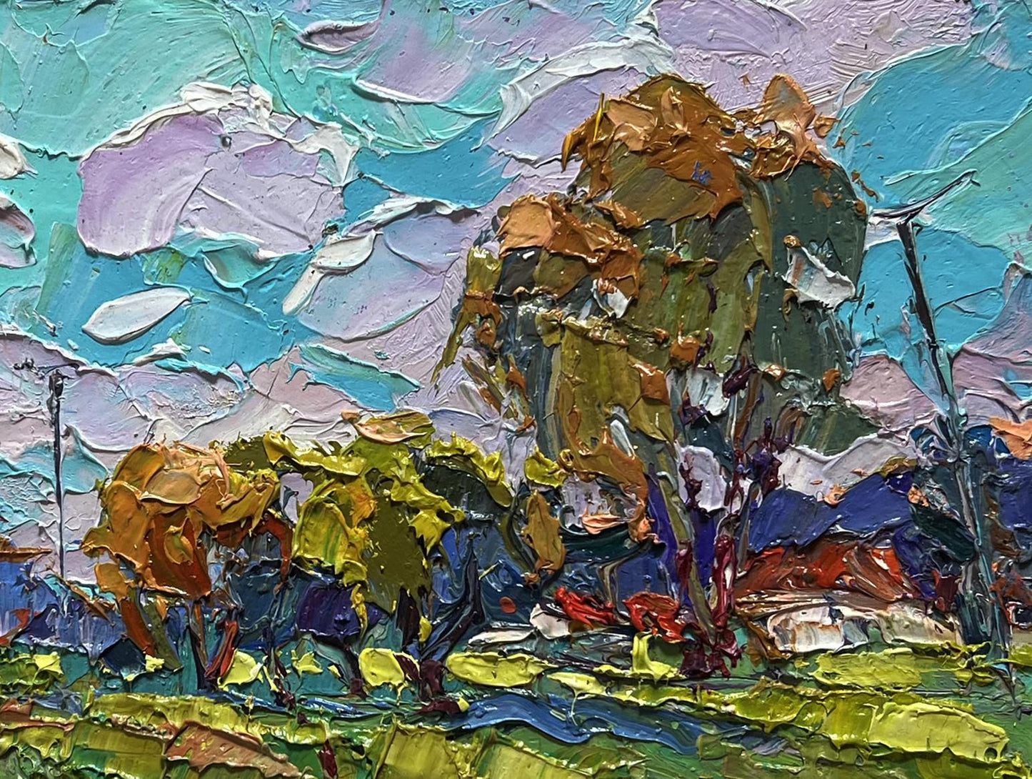 Oil painting Near the village lake by Oksana Ivanyuk, teal landscape