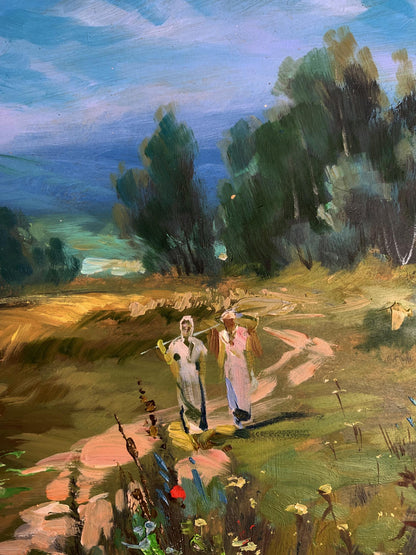 Vibrant impressionist oil painting of figures in sunlit flower field by Yuriy Suprunchuk