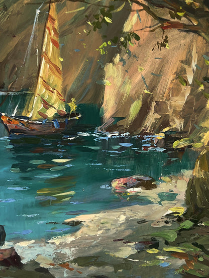 Oil painting by Yuriy Suprunchuk: sailboat with golden sails on turquoise water by cliffs