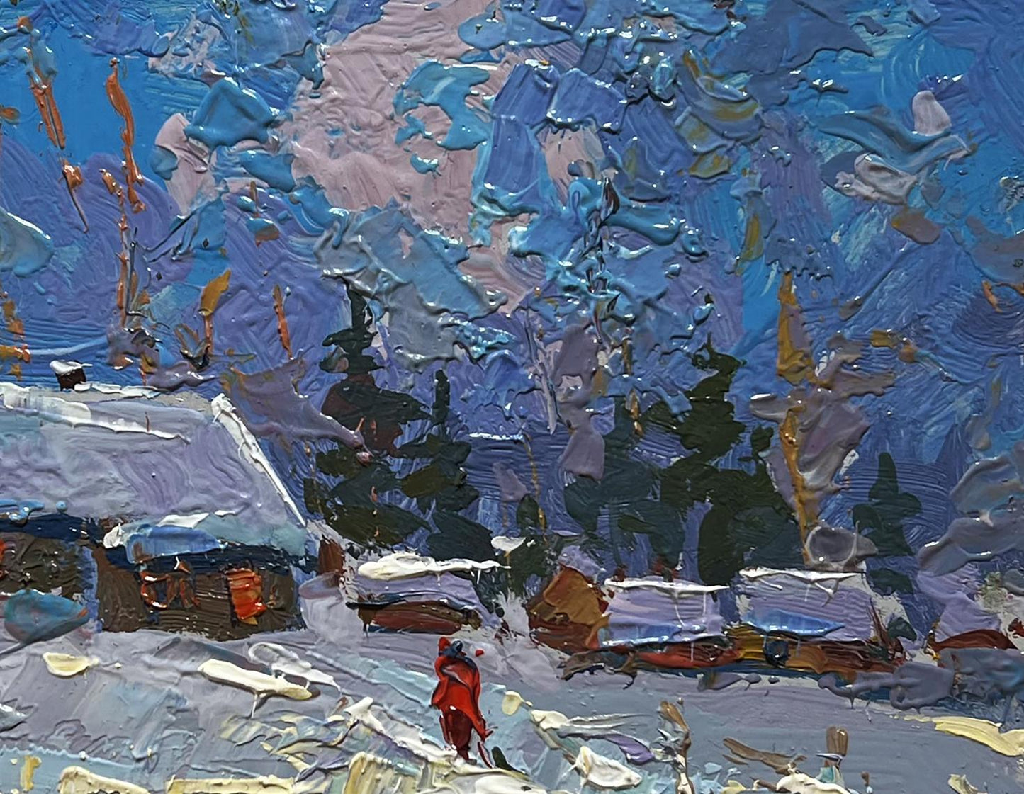 Vibrant red figure in snowy landscape by Oksana Ivanyuk oil painting