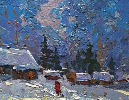 Vibrant red figure in snowy landscape by Oksana Ivanyuk oil painting