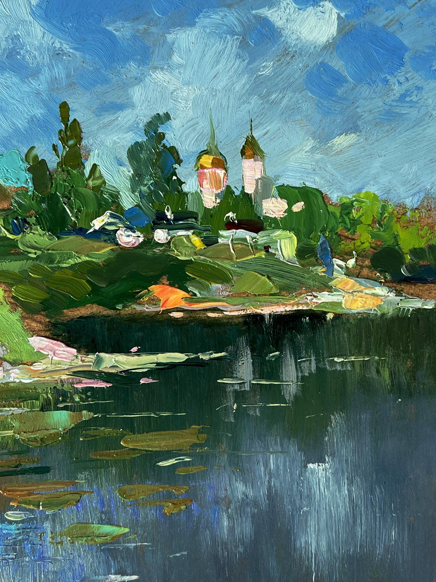 Vibrant impressionist oil painting of river near village by Yuriy Suprunchuk