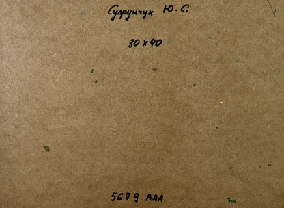 Back of Yuriy Suprunchuk oil painting with brown cardboard, handwritten markings, green specks
