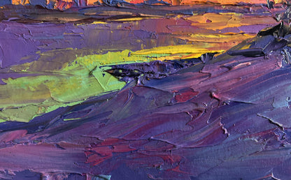 Oil painting The winter morning begins Boris Serdyuk vibrant purple yellow orange abstract