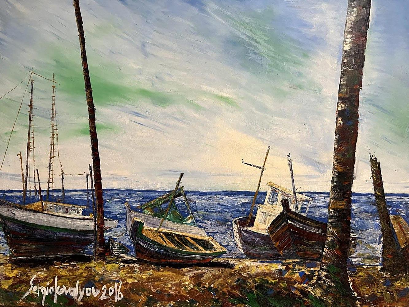 Oil painting Dock by Serhiy Kovalev: boats on shore under cloudy sky