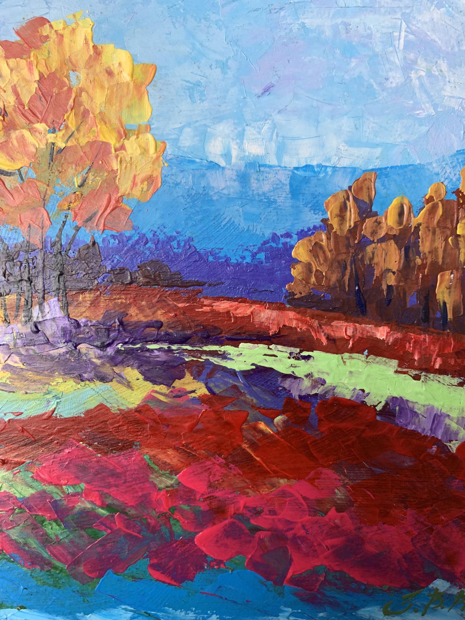 Vibrant impressionist oil painting Autumn lonely tree by V. Zadorozhnya