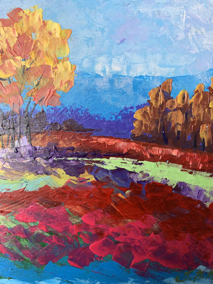 Vibrant impressionist oil painting Autumn lonely tree by V. Zadorozhnya