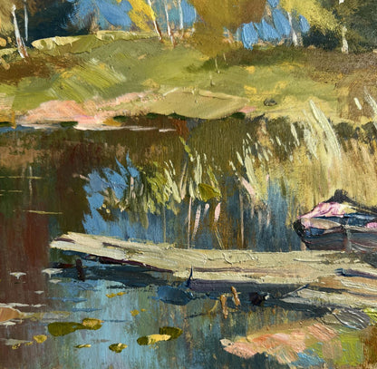 Impressionistic oil painting by Yuriy Suprunchuk of forest reflection in pond