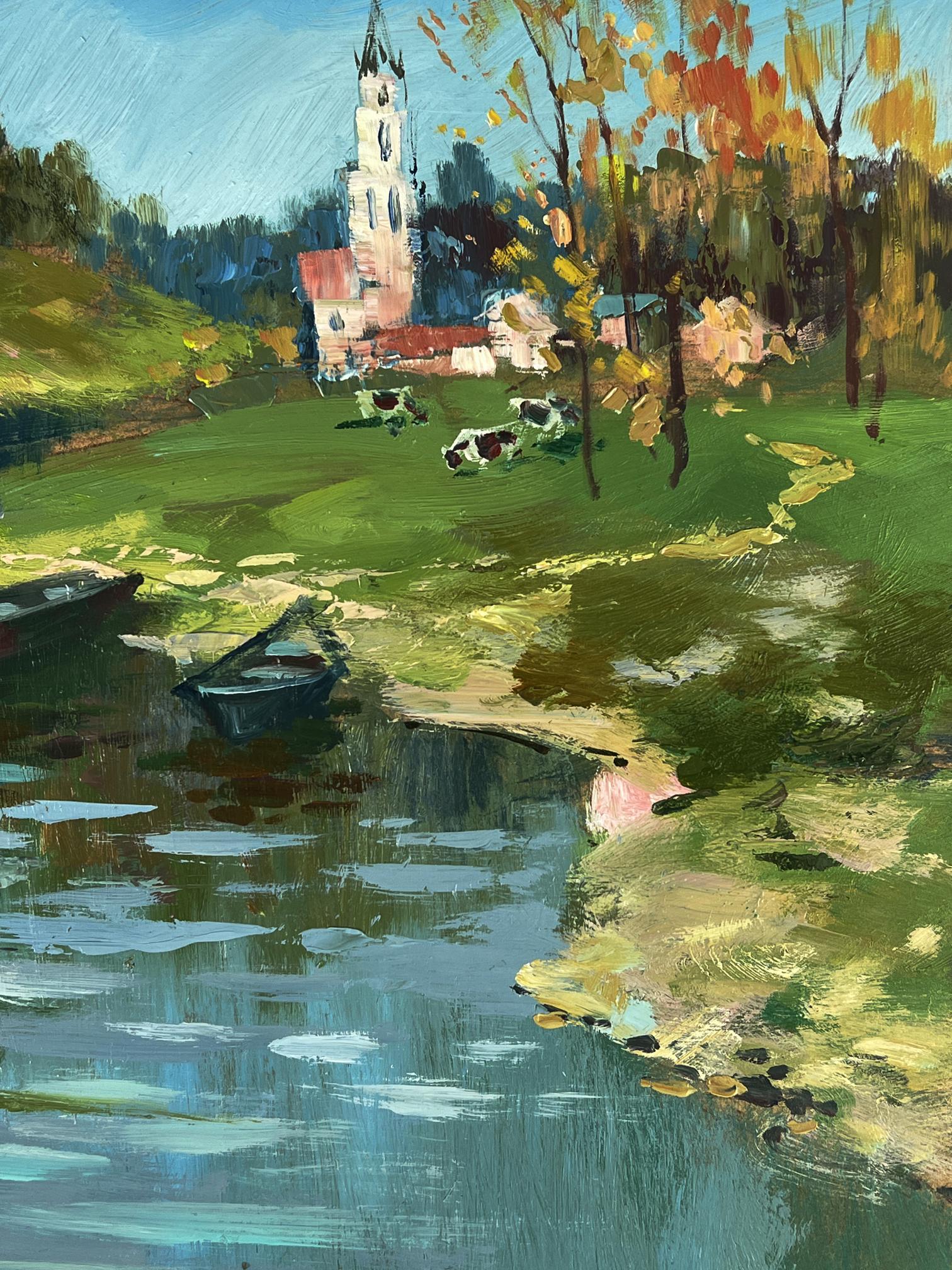 Oil painting of white church by river to village by Yuriy Suprunchuk