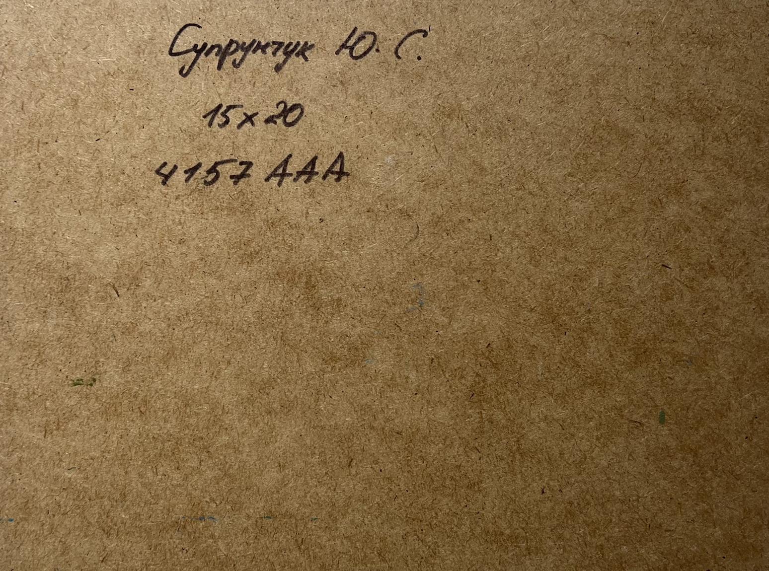 Back of Yuriy Suprunchuk oil painting Cloudy day at sea with brown cardboard Cyrillic text and measurements