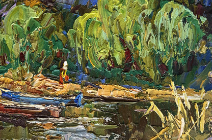 Vibrant impressionist oil painting by Oleksiy Ivanyuk with red boat, figure on rocky shore