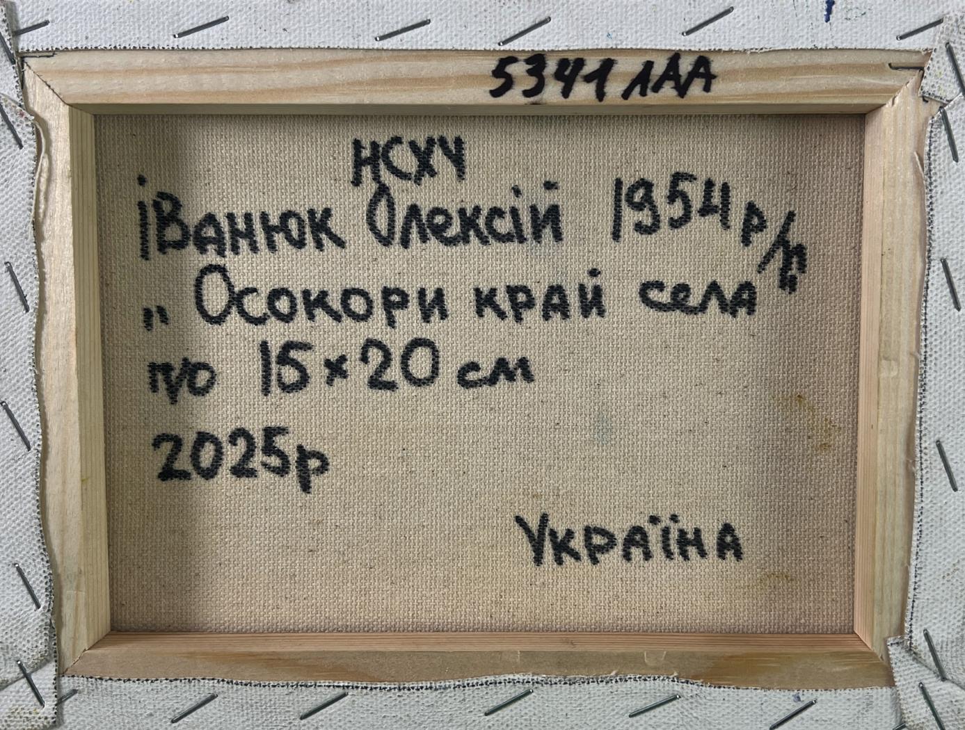 Back of Oleksiy Ivanyuk oil painting Poplars above the path in fog, beige canvas with Ukrainian text
