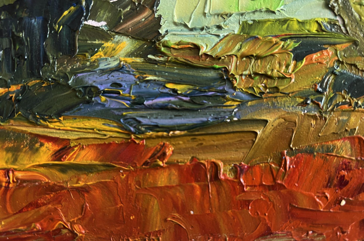 Oil painting Autumn days by the river by Boris Serdyuk with vibrant impasto strokes