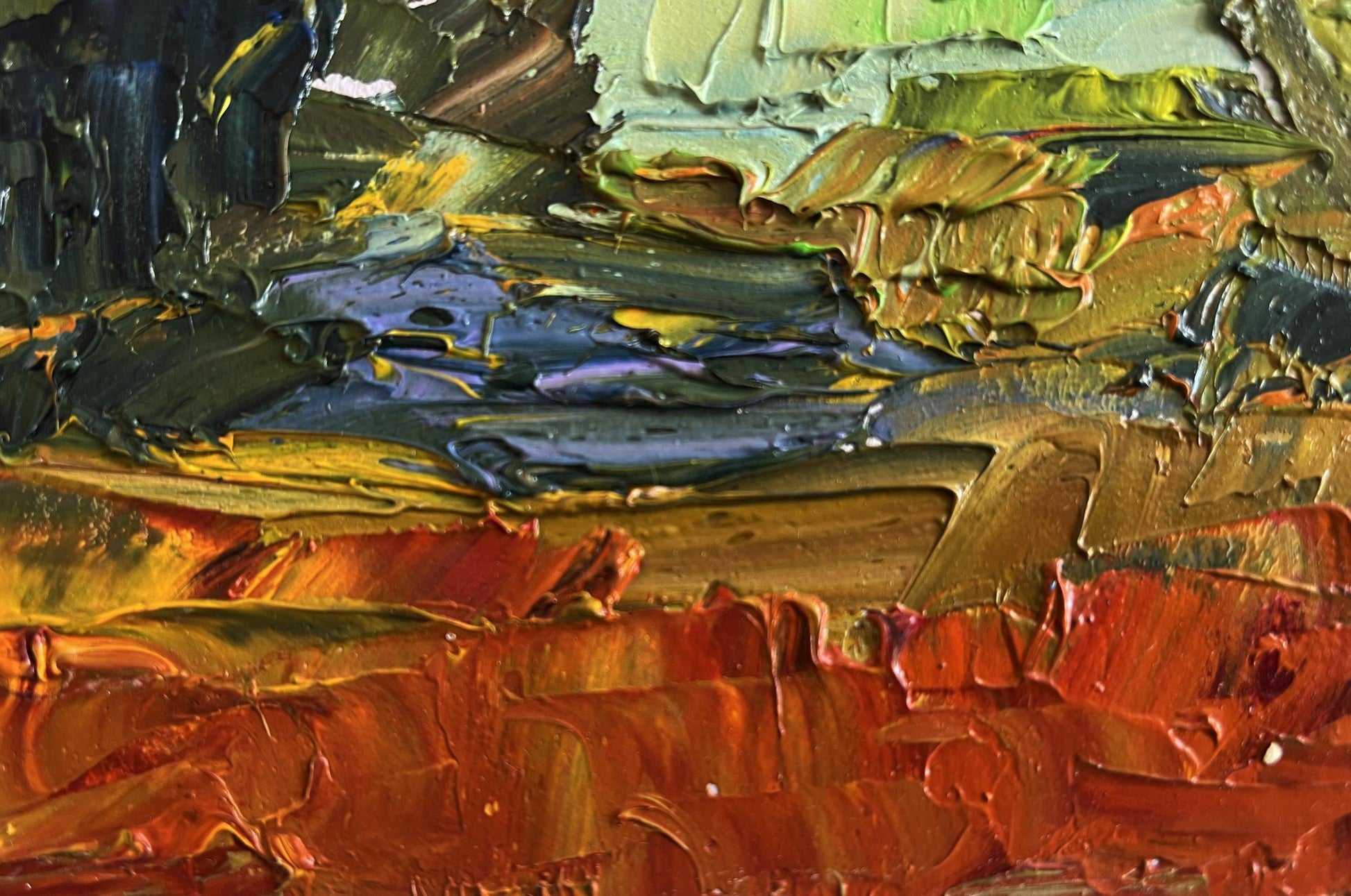 Oil painting Autumn days by the river by Boris Serdyuk with vibrant impasto strokes