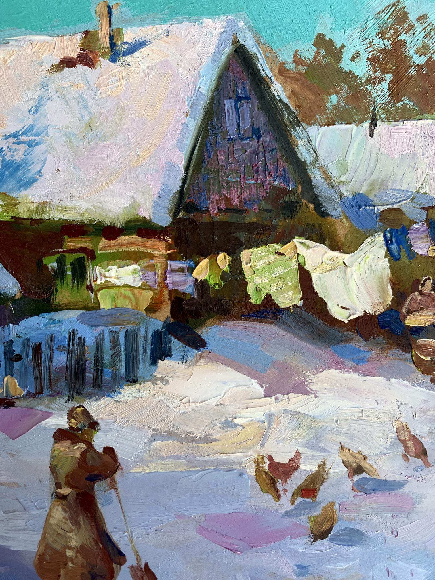 Oil painting of snow-covered house with steep triangular roof by Yuriy Suprunchuk