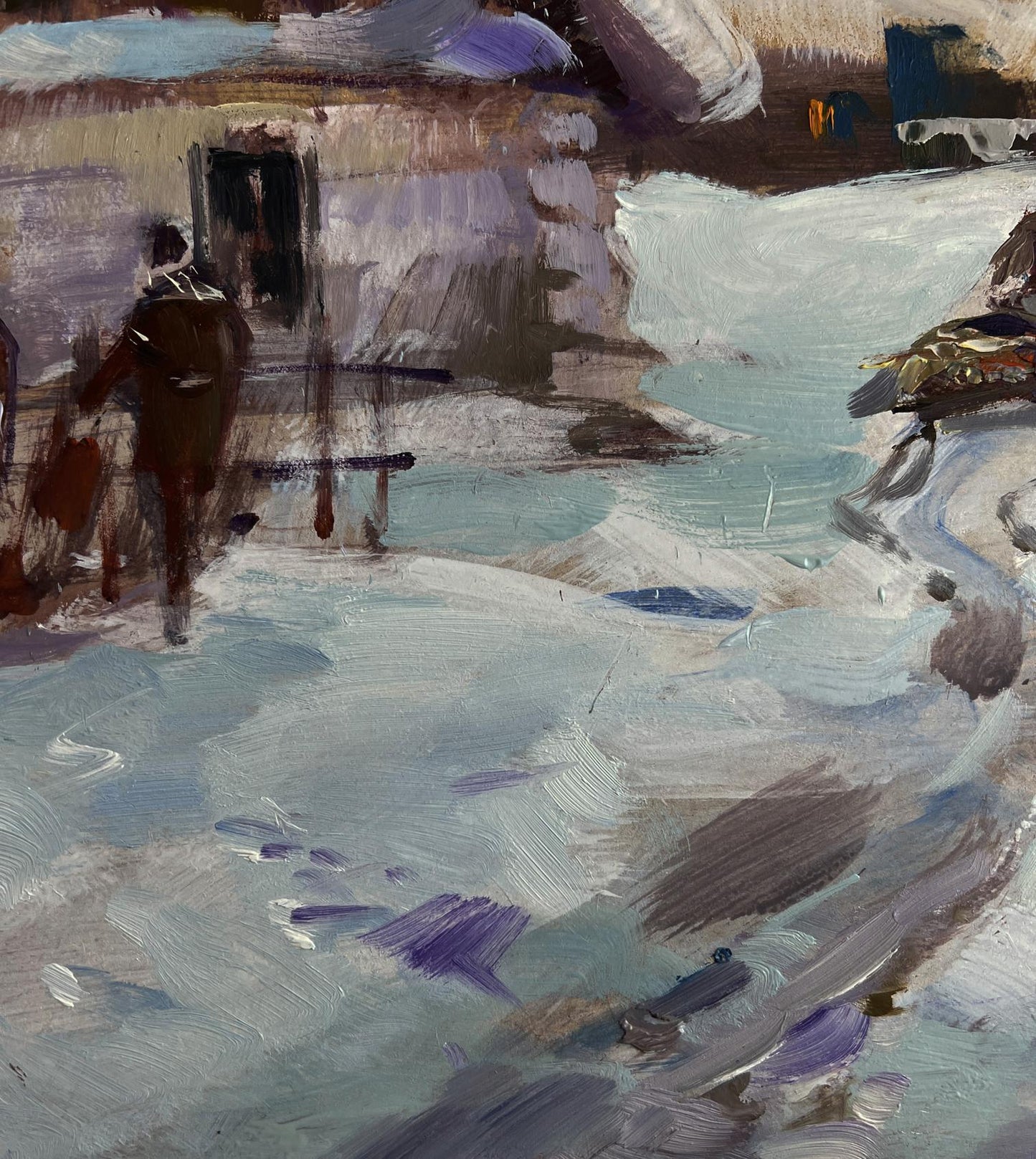 Textured impressionistic oil painting of busy winter village street by Yuriy Suprunchuk