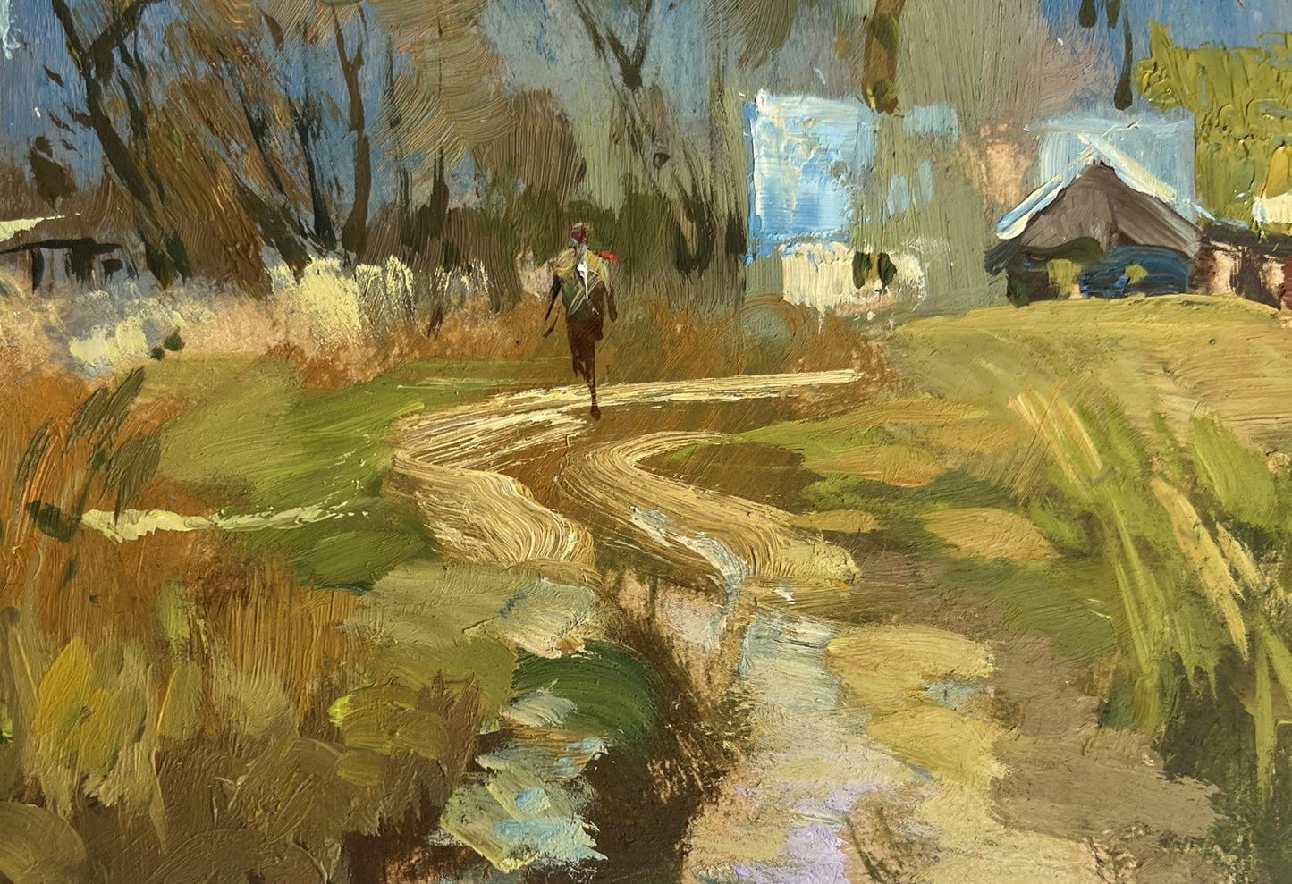 Rustic oil painting by Yuriy Suprunchuk: lone figure on path home through golden grasses