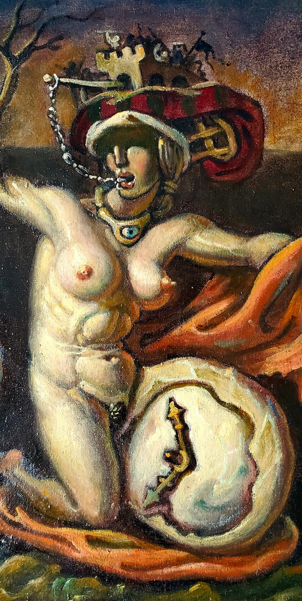 Surreal oil painting Time of Vice by Daniil Litvinov: nude figure with crown headpiece and broken clock