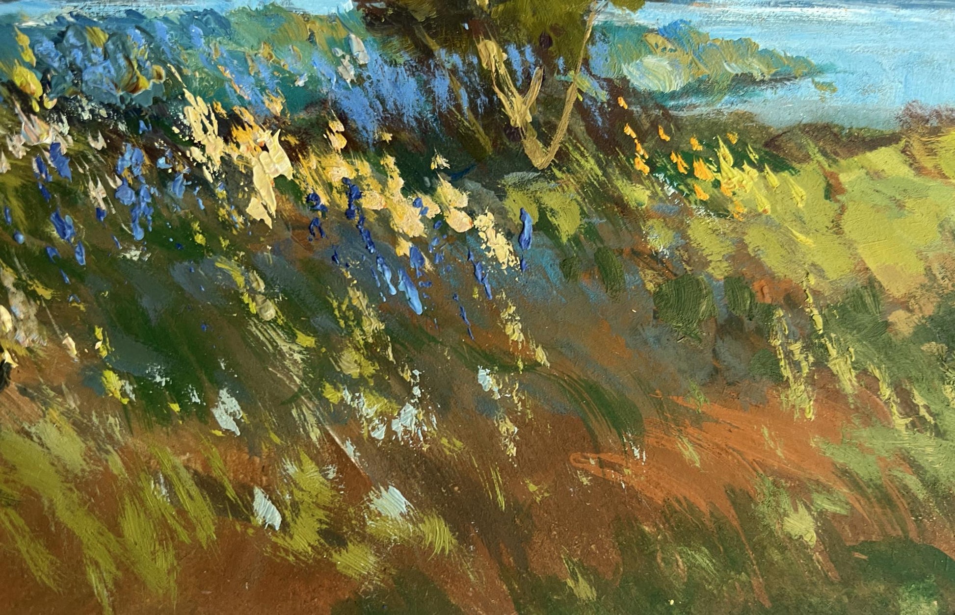 Vibrant impressionist oil painting of flower field and river by Yuriy Suprunchuk