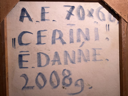Weathered off-white canvas back with hand-painted a.e. text, Oil painting Lilac Eric Danne