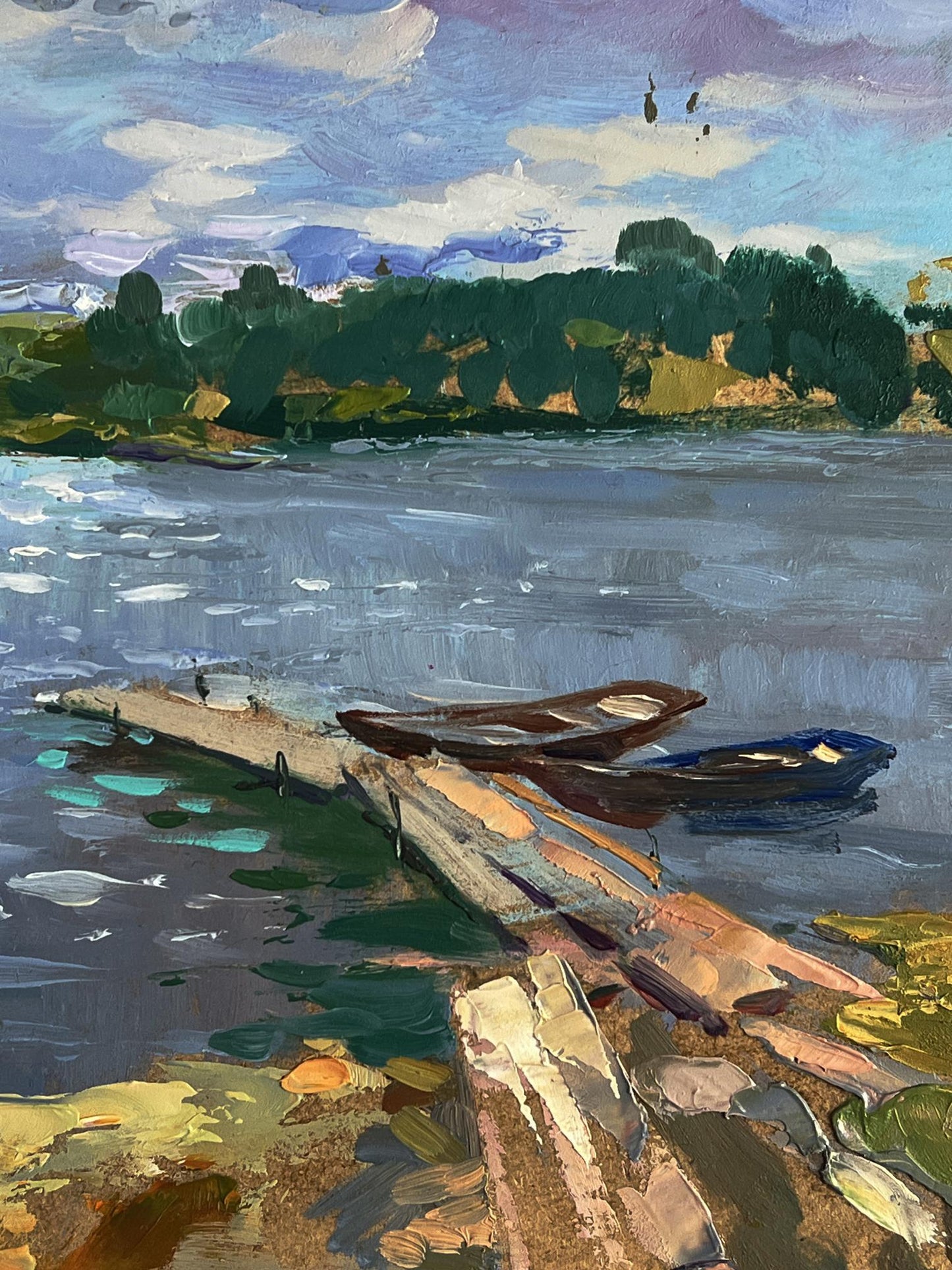 Oil painting of summer fishing on river by Yuriy Suprunchuk: two boats on dock