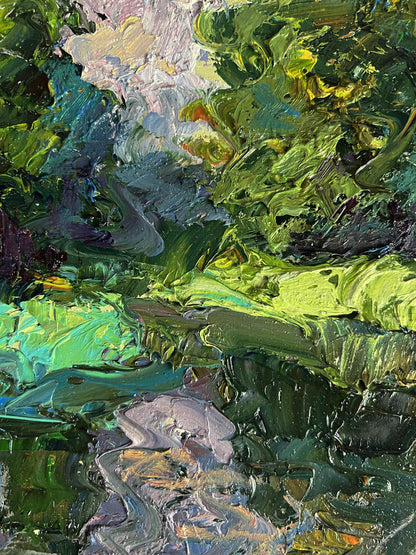 Oil painting Quiet daytime river by Boris Serdyuk in vibrant impasto greens and blues