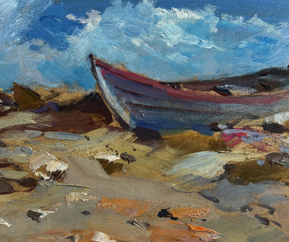 Oil painting of weathered rowboat on shore amid raging sea waves by Yuriy Suprunchuk