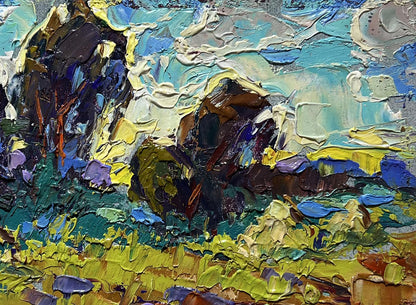 Vibrant oil painting of plowed field and haystacks by Oleksiy Ivanyuk
