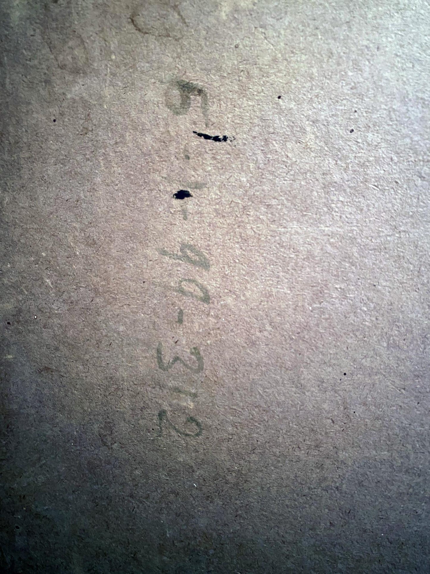 Back of Oil painting Moms portrait Leonid Stil with gray textured surface and faint black markings