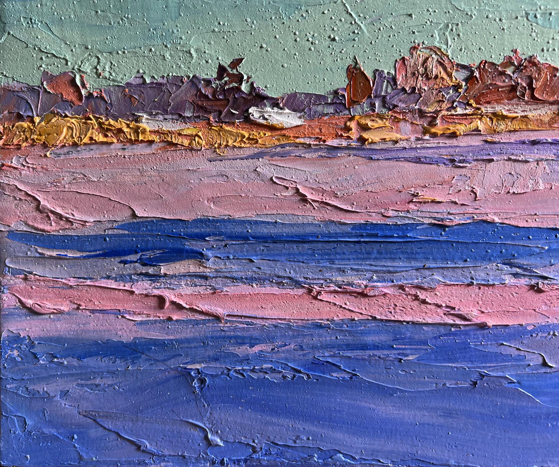 Oil painting Pink morning in winter by Boris Serdyuk, textured blue pink gold layers
