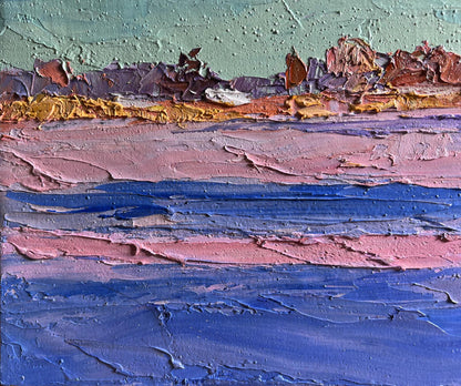 Oil painting Pink morning in winter by Boris Serdyuk, textured blue pink gold layers