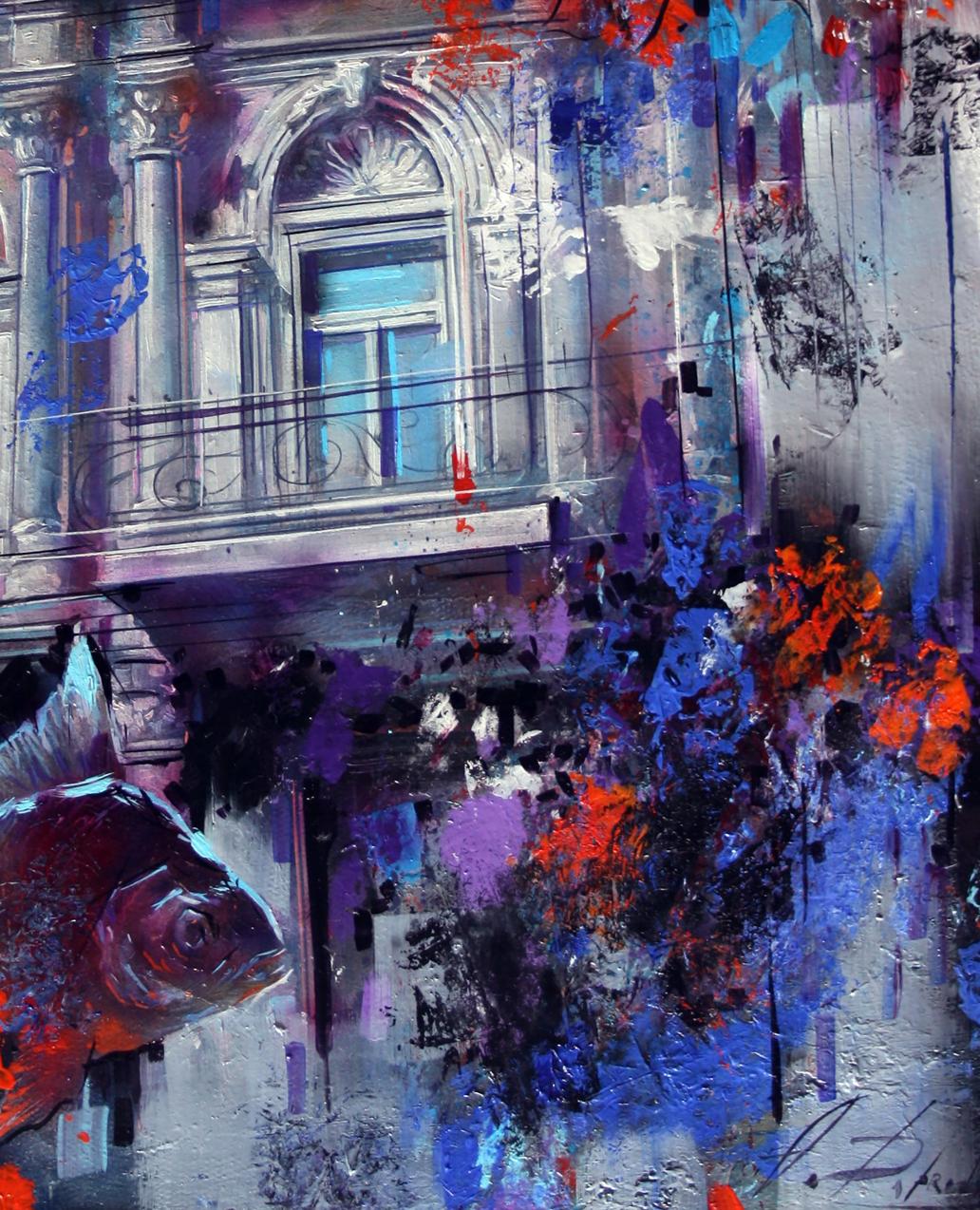 Oil painting Waiting for a miracle by Alexander Dobrodiy: red fish on ornate facade