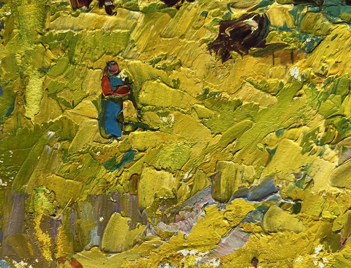 Oil painting of small figure in red blue in autumn meadows by Oleksiy Ivanyuk