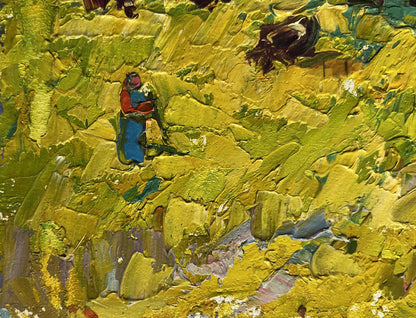 Oil painting of small figure in red blue in autumn meadows by Oleksiy Ivanyuk