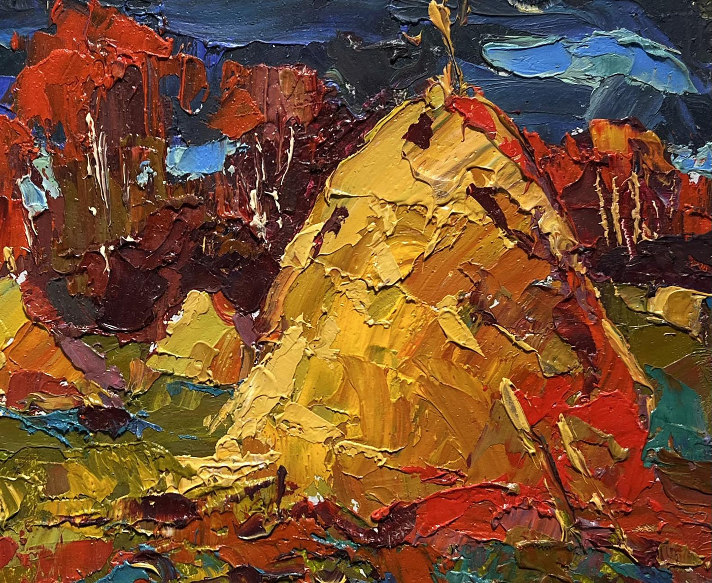 Vibrant impressionist oil painting of autumn fields, haystacks and golden mountain peak by Oleksiy Ivanyuk